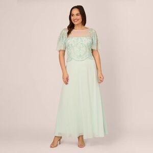 Adrianna Pappell Hand-Beaded Long Gown with Flutter Sleeves Mint Glass